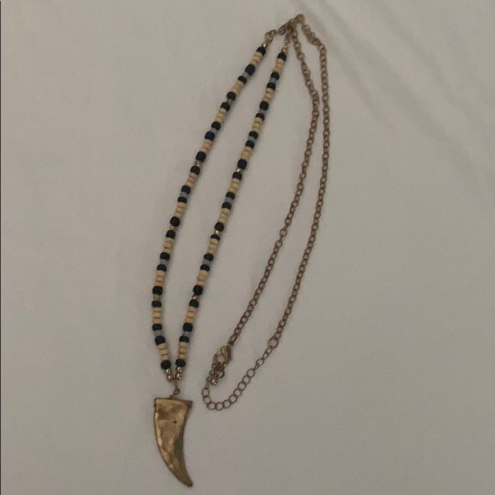 Beaded 36” Long Necklace with gold tooth pendant